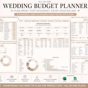 May include: A wedding budget planner with multiple tabs for managing expenses, budget, and guest lists. The planner includes a dashboard, expense tracker, and payment timeline. The design is beige and white, with floral accents and the text "Wedding Budget Planner".