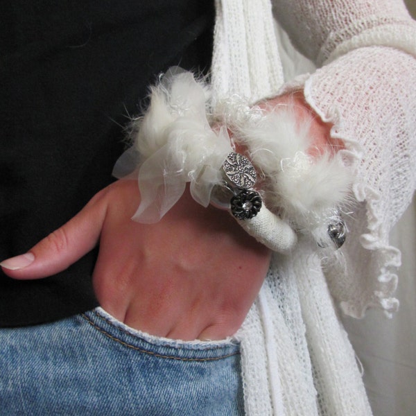 White SIlver Gypsy Bracelets Set of 2 Beautiful Handmade OOAK Textile Fiber Art Recycled Materials