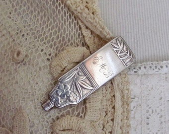 Unique Silver Neck Tie Bar Clip Scarf Sweater Clip Vintage Antique Silverwaree Monogrammed EMB - 2.75"  70mm // Many to choose from!!!