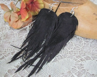 Beautiful Dark Brown Leather Suede Lambskin Feather Earrings // Handmade Unique OOAK  - many others to choose from in my shop