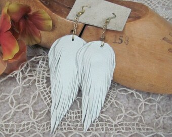 Earrings Beautiful Ivory Leather Feather Earrings 4" Inch Long // Handmade Unique OOAK  - many more to choose from in my shops
