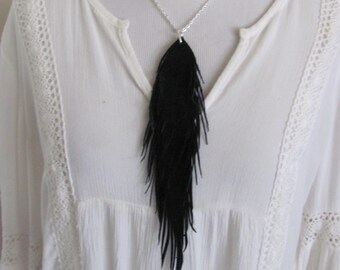 Beautiful Black Leather Feather Style Silver Chain Necklace // Handmade Leather Boho Jewelry // Many others to choose from