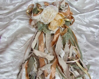 Beautiful Handmade Bow Hand Torn Ribbons Silk Lace Flowers // Vintage Style Large Size OOAK Wreath Bridal Wedding Romantic Wall Decor