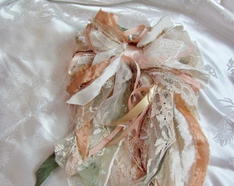 Beautiful Handmade Bow Barrette Hair Clip Hand Torn Ribbons Lace Silk // Made in France Barrette // Large Size Bridal Wedding Romantic
