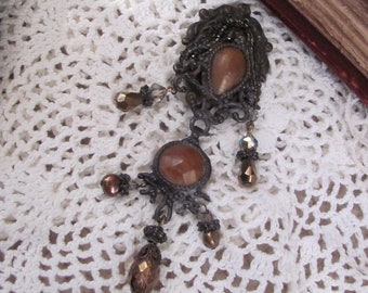 Beautiful Maya Evangelista Signed Lapel Pin Brooch Bronze Beads Rhinestones Designer