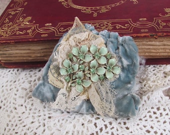 Beautiful Velvet & Lace Brooch Lapel Pin or Pendant or Button Cover or Barrette Scarf Clip // Antique Textile Button Assemblage Handmade