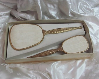 Lovely Vintage Gold Embossed Hand Held Mirror Matching Brush Set Vanity Beauty Gift Idea // Made in USA