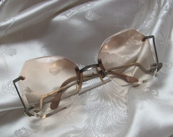 Vintage Unique Metal Frame Eye Glasses Beveled Rimless 1970's Gradient Plastic Lenses Luxottica Cassandra
