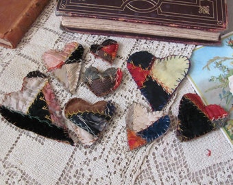 Beautiful Antique Silk Crazy Quilt Heart // Your Choice - Brooch Lapel Pin or Refrigerator Magnet or Pendant // Early Century Hand Stitched