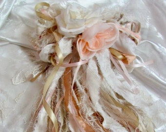 Beautiful Handmade Bow Hand Torn Ribbons Silk Lace Flowers // Vintage Style Large Size OOAK Wreath Bridal Wedding Romantic Wall Decor