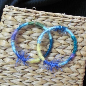 Earrings Beautiful Colorful Yarn Textile Large Hoop Earrings Handmade OOAK Unique - Many more in my shop to choose from!