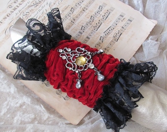 Dark Red Velvet Black Lace Cuff Bracelet Beautifully Handmade OOAK // Embellished Fabric Textile Laces Rhinestone Brooch