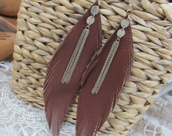 Beautiful Dark Brown Leather Suede Feather Earrings // Handmade Unique OOAK- Many others to choose from in my shops