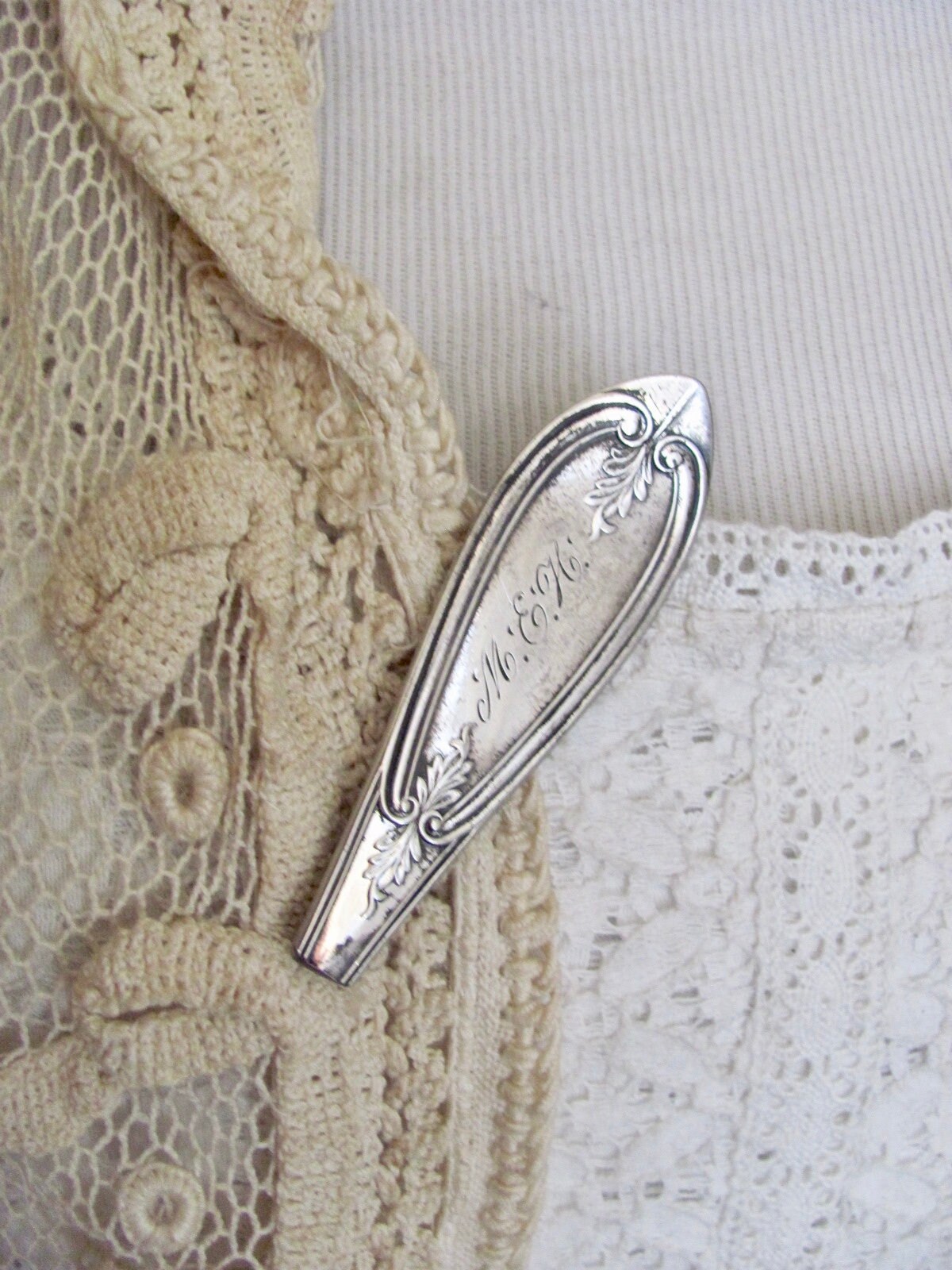 Vintage Silver Mono MEH Lapel Clip Scarf Sweater Clip Brooch Silverware Spoon Handle Monogram Initial - Many to choose from in my shop