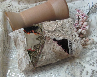 Antique Silk Crazy Quilt Cuff Bracelet Beautifully Handmade OOAK // Assemblage Embellished Fabric Textile Buttons Lace