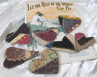 Beautiful Antique Silk Crazy Quilt Heart // Your Choice - Brooch Lapel Pin or Refrigerator Magnet or Pendant // Early Century Hand Stitched