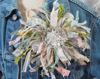 Torn Fabric Flower Lapel Pin Brooch & Necklace // Textile Assemblage Handmade OOAK Reuse Recycle Rescue // More in my shop!