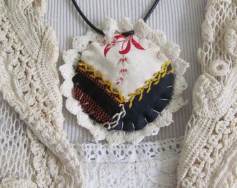 Beautiful Antique Crazy Quilt & Doily Crocheted Choker Necklace // 19th Century Handmade Quilted Piece Hand Stitched - Others to choose from
