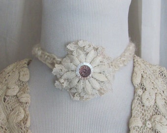 Beautiful Off White Lace Choker Necklace Victorian Antique Crocheted // Handmade Unique OOAK Assemblage Romantic MOP Button