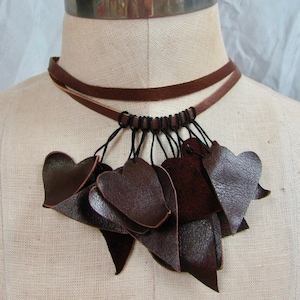 Beautiful Dark Burgundy Leather Hearts Choker Necklace Adjustable - Much more leather jewelery to choose from in my shops!