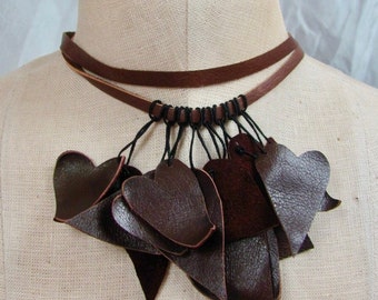 Beautiful Dark Burgundy Leather Hearts Choker Necklace Adjustable - Much more leather jewelery to choose from in my shops!