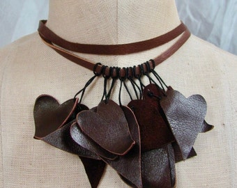 Beautiful Dark Burgundy Leather Hearts Choker Necklace Adjustable - Much more leather jewelery to choose from in my shops!