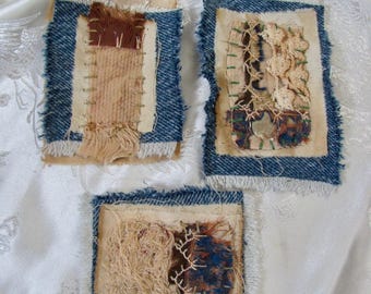 Snippet Set of 3 // Antique Crazy Quilt Silk Denim Linen // Brooch Pendant Journal Cluster Assemblage Embroidered Hand Stitched Patches