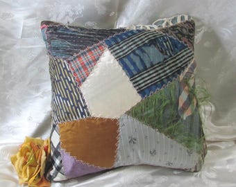 Throw Pillow Made with Antique Crazy Quilt Early Century Textiles Silks Embroidered // Handmade Hand Stitched