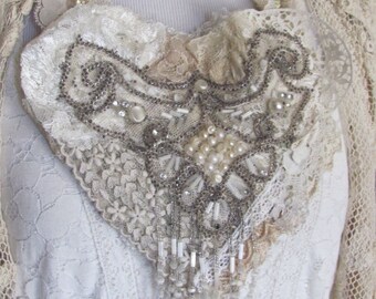 Beautiful Beaded Applique White Lace Heart Necklace Victorian Antique Laces Doilies Handmade OOAK Adjustable Statement Bib