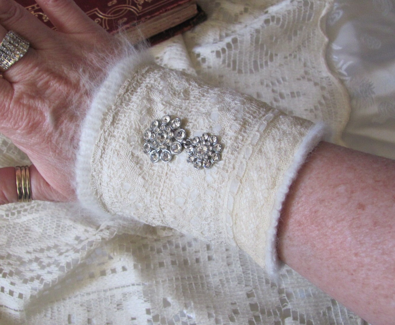 Antique Lace Cuff Bracelet Beautifully Handmade OOAK // Assemblage Embellished Fabric Textile Brooch Buttons
