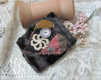 Brown Fuzzy Antique Silk Crazy Quilt Heart Cuff Bracelet Beautifully Handmade OOAK // Assemblage Embellished Fabric Textile Buttons