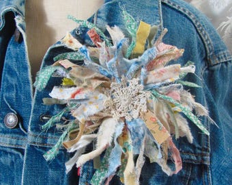 Torn Fabric Flower Lapel Pin Brooch & Necklace // Textile Assemblage Handmade OOAK Reuse Recycle Rescue // More in my shop!