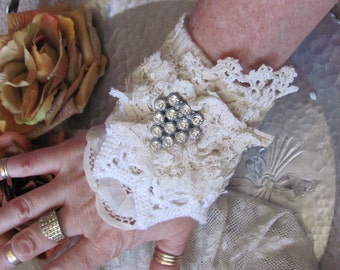 Lace Cuff Bracelet Beautifully Handmade OOAK // White Lace Rhinestone Assemblage Embellished Fabric Textile Antique Laces Bridal Wedding