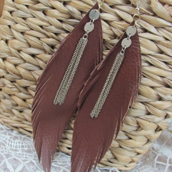 Beautiful Dark Brown Leather Suede Feather Earrings // Handmade Unique OOAK- Many others to choose from in my shops