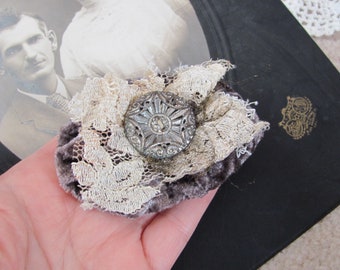 Beautiful Velvet & Lace Brooch Lapel Pin or Pendant or Button Cover or Barrette Scarf Clip // Antique Textile Button Assemblage Handmade