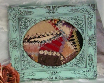 Antique Crazy Quilt 19th Century Embroidered Silk Velvet 1800's // Framed Square Block Wall Art Hanging Home Decor Molded Frame