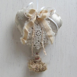 Stuffed Heart Mini Pillow Made With Antique Doilies Silk Bow Tassel // Dresser Door Knob Hanger Ornament Home Decor Handmade OOAK