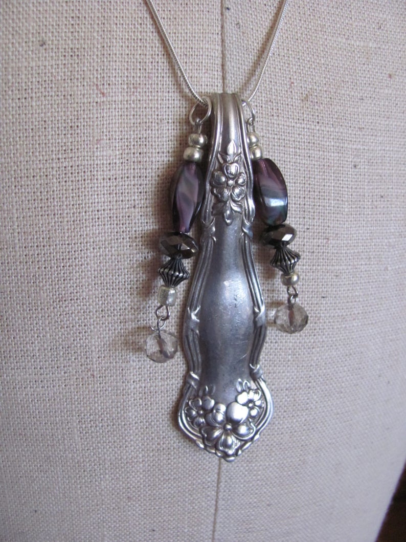 Necklace Antique Ornate Silver Plate Silverware Pendant Sterling Chain Necklace 02A image 2