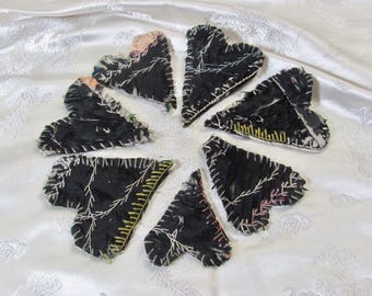 Beautiful Black Antique Silk Crazy Quilt Heart // Choose ONE - Brooch Lapel Pin or Magnet or Pendant // 19th Century Hand Stitched
