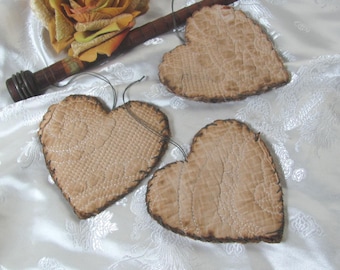 Set of 3 Heart Ornaments Rustic Quilt // Christmas Tree Decor Knob Hanger Handmade Hand Stitched Home Decor