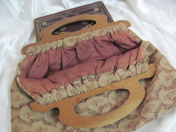 Vintage Wood Handle Fabric Purse Handbag // 1940'… - image 3