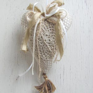 Stuffed Heart Mini Pillow Made With Antique Doilies Silk Bow Tassel // Dresser Door Knob Hanger Ornament Home Decor Handmade OOAK