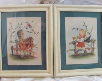 Marion Bradford Burgess // Pair of Beautiful Vintage Framed Prints // White Wood Frame 8" x 10" // Nursery Children Kids Room Decor Wall Art