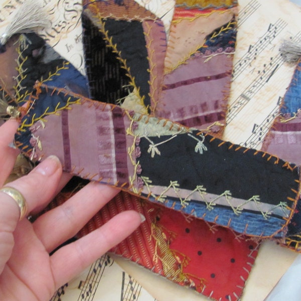 Beautiful Antique Silk Crazy Quilt Bookmark Journal with Metal Tassel // Your Choice // Early or 19th Century Hand Stitched
