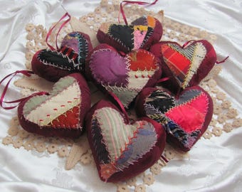 Stuffed Heart Mini Pillow with Antique Silk Crazy Quilt // Pin Cushion Door Knob Hanger Key Fob Home Decor *Your Choice*