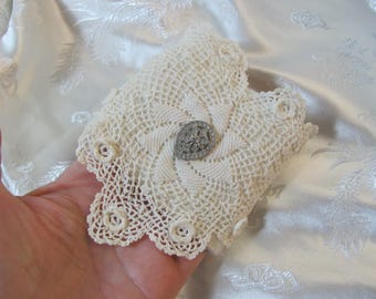 Antique Irish Lace Cuff Bracelet Beautifully Handmade OOAK // Assemblage Embellished Fabric Textile Rhinestone Elastic