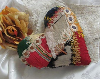 Antique Crazy Quilt 19th Century Embroidered Silk Velvet 1800's // Pin Cushion Home Decor Mini Pillow Heart - More to choose from in my shop