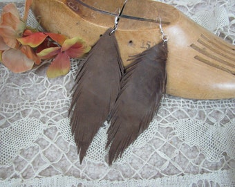 Beautiful Dark Brown Leather Suede Feather Earrings Unique Handmade OOAK - Many others to choose from in my shops