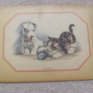 Cute Vintage Dog and Cat Print - Playmates - 9" x 12" Ready to Frame Mid Century Illustration