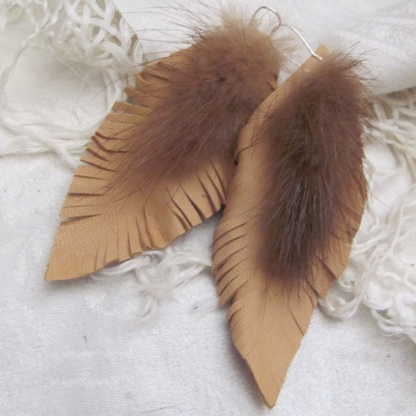 Beautiful Brown Leather Real Mink Feather Style Earrings
